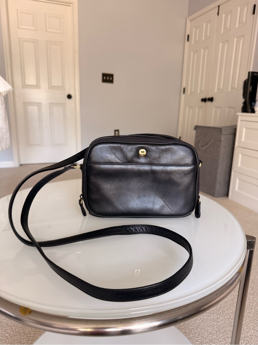Etienne Aigner Vintage Black Leather Crossbody Bag with Gold Hardware